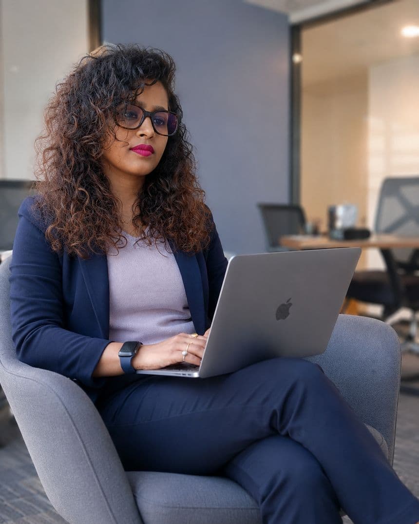 Mamatha Epili working on a laptop in an office lounge